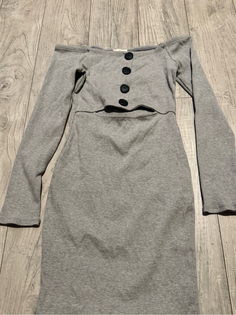 Ribbed Off-Shoulder Gray Long-Sleeve Dress with Button Front